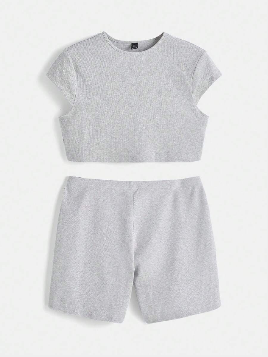 SHEIN BASICS Plus Solid Crop Tee & Cycling Shorts - Light Grey - View 1