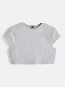 SHEIN BASICS Plus Solid Crop Tee & Cycling Shorts - Light Grey - View 6