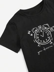 SHEIN 男孩卡通和標語圖案T恤和格紋短褲睡衣套裝 - 黑與白 - 查看 3