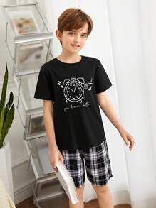 SHEIN 男孩卡通和標語圖案T恤和格紋短褲睡衣套裝 - 黑與白 - 查看 4