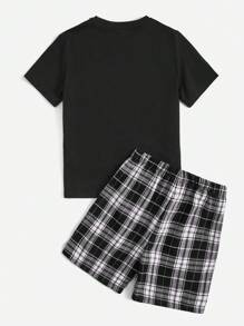SHEIN 男孩卡通和標語圖案T恤和格紋短褲睡衣套裝 - 黑與白 - 查看 5