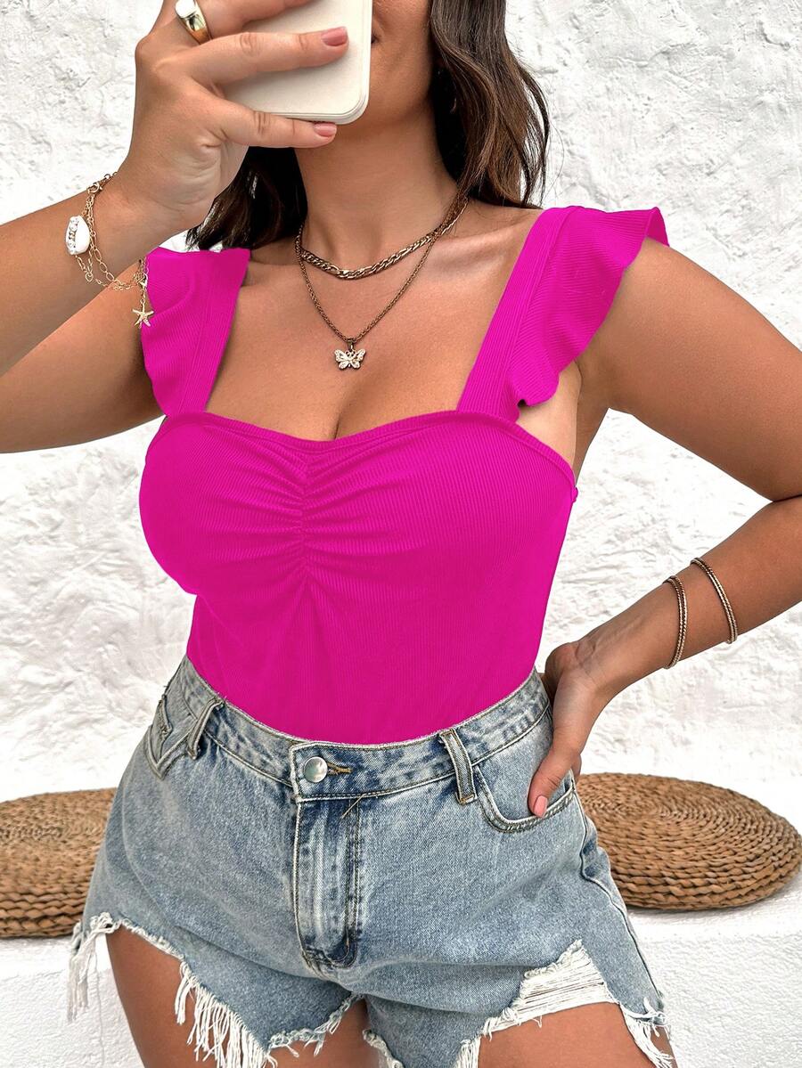 SHEIN SunnyBelle 大碼荷葉邊胸部褶皺連體衣 - 玫紅色 - 查看 1