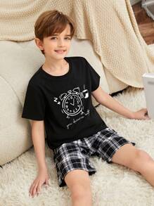SHEIN 男孩卡通和標語圖案T恤和格紋短褲睡衣套裝 - 黑與白 - 查看 7