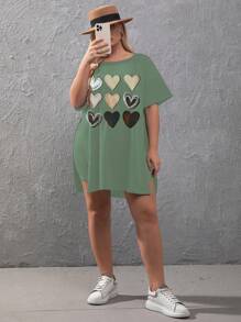 SHEIN Unity Plus Heart Print Split Hem Tee & Biker Shorts - Green - View 5