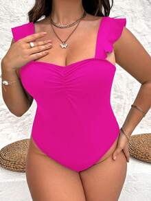 SHEIN SunnyBelle 大碼荷葉邊胸部褶皺連體衣 - 玫紅色 - 查看 3