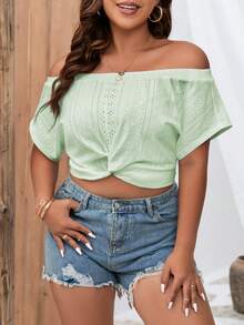 SHEIN LUNE Plus Off Shoulder Twist Hem Crop Tee - Mint Green - View 3