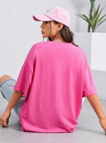 SHEIN EZwear Sun & Moon Print Drop Shoulder Oversized Tee - Pink - View 2
