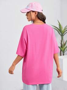 SHEIN EZwear mặt trời & In hoa Thả vai Áo phông Quá khổ - Hồng - Xem 2