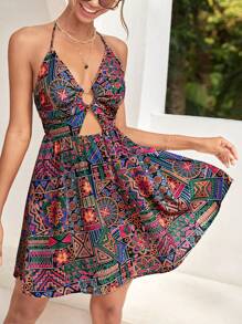 SHEIN VCAY Đầm Lộ Lưng Cắt ra Nhẫn Buộc lại Bộ lạc Boho - Nhiều màu - Xem 1