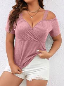 SHEIN LUNE 大碼挖肩條紋針織T恤 - 藕粉色 - 查看 1