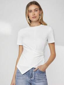 BizChic Bông Viền không đối xứng Áo thun Trang phục làm việc - trắng - Xem 1