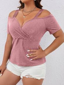 SHEIN LUNE 大碼挖肩條紋針織T恤 - 藕粉色 - 查看 6