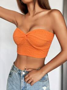 SHEIN EZwear Áo nữ xoắn lại màu trơn Gợi cảm - trái cam - Xem 1