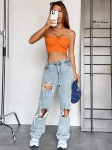 SHEIN EZwear Áo nữ xoắn lại màu trơn Gợi cảm - trái cam - Xem 6