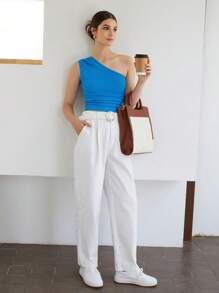 BizChic One Shoulder Ruched Side Top Workwear - Blue - View 2