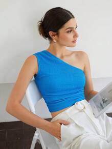 BizChic One Shoulder Ruched Side Top Workwear - Blue - View 6
