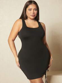 SHEIN SXY Đầm Plus Size Lộ Lưng Hội Chữ thập Ren lên màu trơn Gợi cảm - màu đen - Xem 3