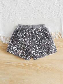 SHEIN Shorts de lentejuelas de contraste para niñas jóvenes - Gris - Ver 2