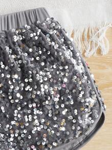 SHEIN Shorts de lentejuelas de contraste para niñas jóvenes - Gris - Ver 3