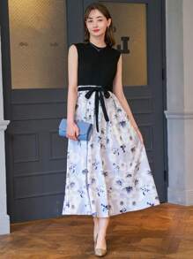 DAZY 印花繫腰帶連衣裙 - 黑色 - 查看 1