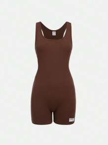 SHEIN Teen Girls Letter Patched Detail Unitard Romper - Chocolate Brown - View 1
