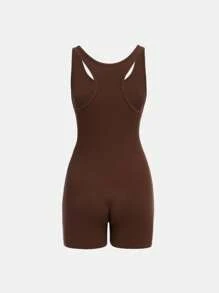 SHEIN Teen Girls Letter Patched Detail Unitard Romper - Chocolate Brown - View 2
