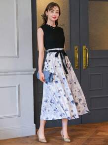 DAZY 印花繫腰帶連衣裙 - 黑色 - 查看 3