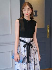 DAZY 印花繫腰帶連衣裙 - 黑色 - 查看 6