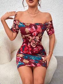 SHEIN Privé Floral Print Off Shoulder Bodycon Dress - Burgundy - View 5