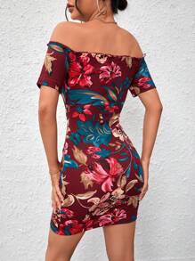 SHEIN Privé Floral Print Off Shoulder Bodycon Dress - Burgundy - View 2