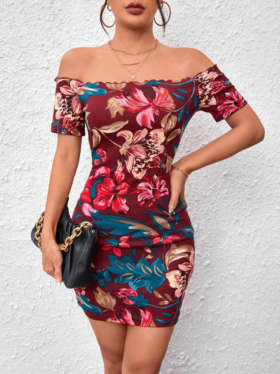 SHEIN Privé Floral Print Off Shoulder Bodycon Dress - Burgundy - View 1