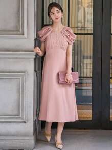 DAZY Solid Cold Shoulder Button Front Dress - Dusty Pink - View 2