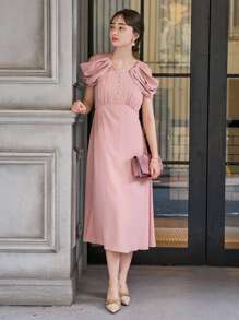 DAZY Solid Cold Shoulder Button Front Dress - Dusty Pink - View 4