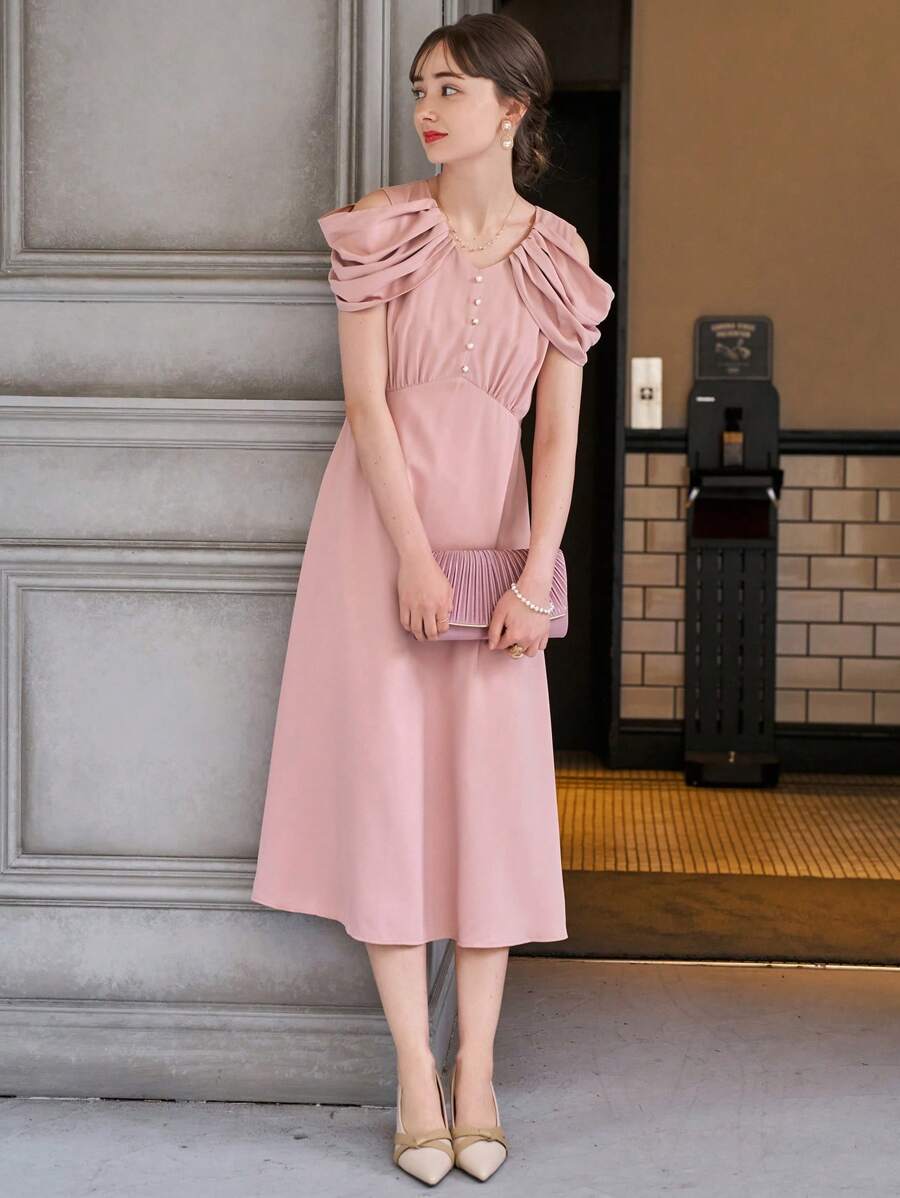 DAZY Solid Cold Shoulder Button Front Dress - Dusty Pink - View 1