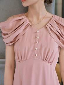 DAZY Solid Cold Shoulder Button Front Dress - Dusty Pink - View 5