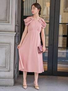 DAZY Solid Cold Shoulder Button Front Dress - Dusty Pink - View 6