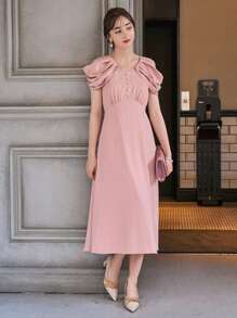 DAZY Solid Cold Shoulder Button Front Dress - Dusty Pink - View 7