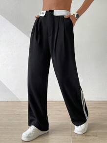 SHEIN EZwear Contrast Tape Side Fold Pleated Slant Pocket Trousers - Black - View 4