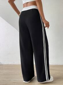 SHEIN EZwear Contrast Tape Side Fold Pleated Slant Pocket Trousers - Black - View 2
