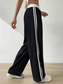 SHEIN EZwear Contrast Tape Side Fold Pleated Slant Pocket Trousers - Black - View 3