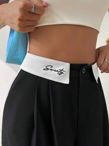 SHEIN EZwear Contrast Tape Side Fold Pleated Slant Pocket Trousers - Black - View 5