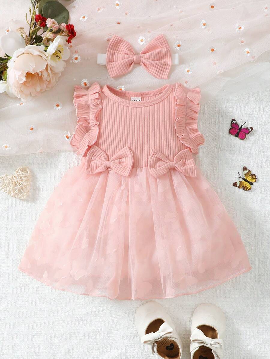 SHEIN Glamorique Kids 嬰兒前蝴蝶結荷葉邊網紗覆蓋下擺連衣裙附髮帶 - 淺粉色 - 查看 1