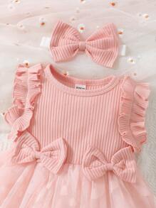 SHEIN Glamorique Kids 嬰兒前蝴蝶結荷葉邊網紗覆蓋下擺連衣裙附髮帶 - 淺粉色 - 查看 3