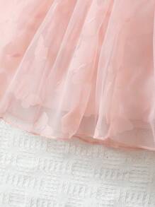 SHEIN Glamorique Kids 嬰兒前蝴蝶結荷葉邊網紗覆蓋下擺連衣裙附髮帶 - 淺粉色 - 查看 4