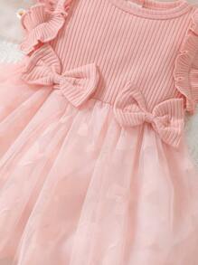 SHEIN Glamorique Kids 嬰兒前蝴蝶結荷葉邊網紗覆蓋下擺連衣裙附髮帶 - 淺粉色 - 查看 5