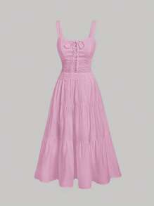 SHEIN MOD Elegant Solid Color Lace Patchwork Criss-Cross Tie Long Dress - Baby Pink - View 1