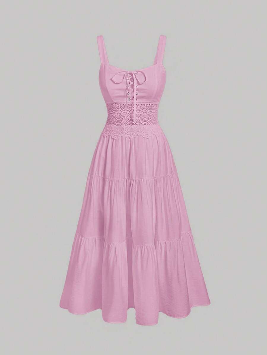 SHEIN MOD Elegant Solid Color Lace Patchwork Criss-Cross Tie Long Dress - Baby Pink - View 1