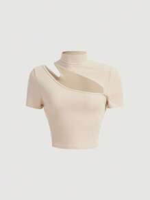 SHEIN MOD Cut Out Mock Neck Ribbed Knit Tee