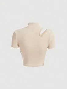 SHEIN MOD Cut Out Mock Neck Ribbed Knit Tee