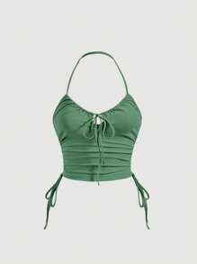 SHEIN MOD Solid Drawstring Side Halter Top - Green - View 1